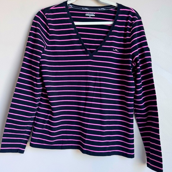 Lauren Ralph Lauren Tops - LAUREN RALPH LAUREN LRL Pink Black Cotton Long Sleeve Shirt V Neckline size XL